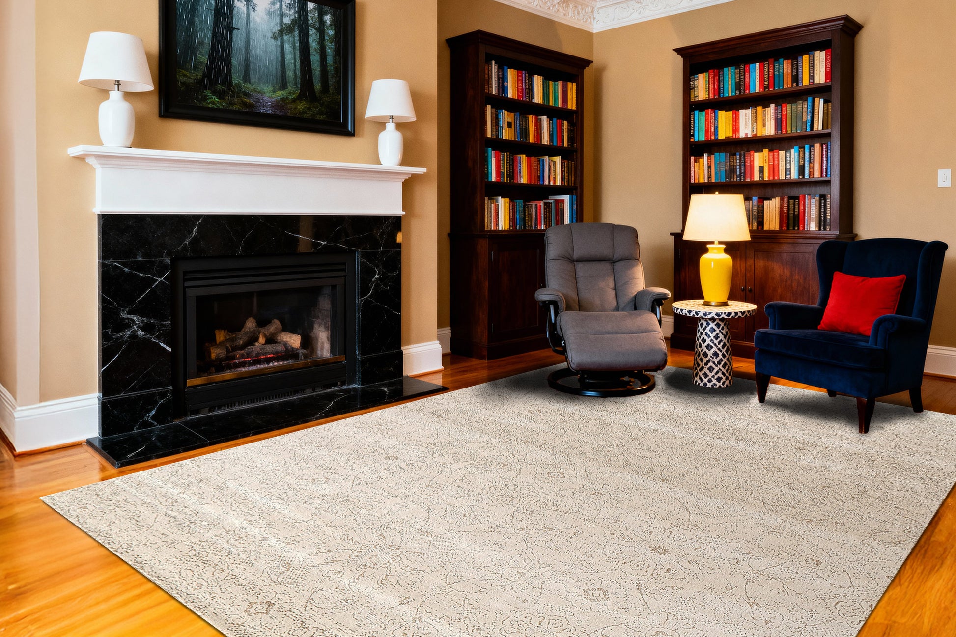 Harmony Contemporary Beige/Ivory Damask Medium Pile Rug