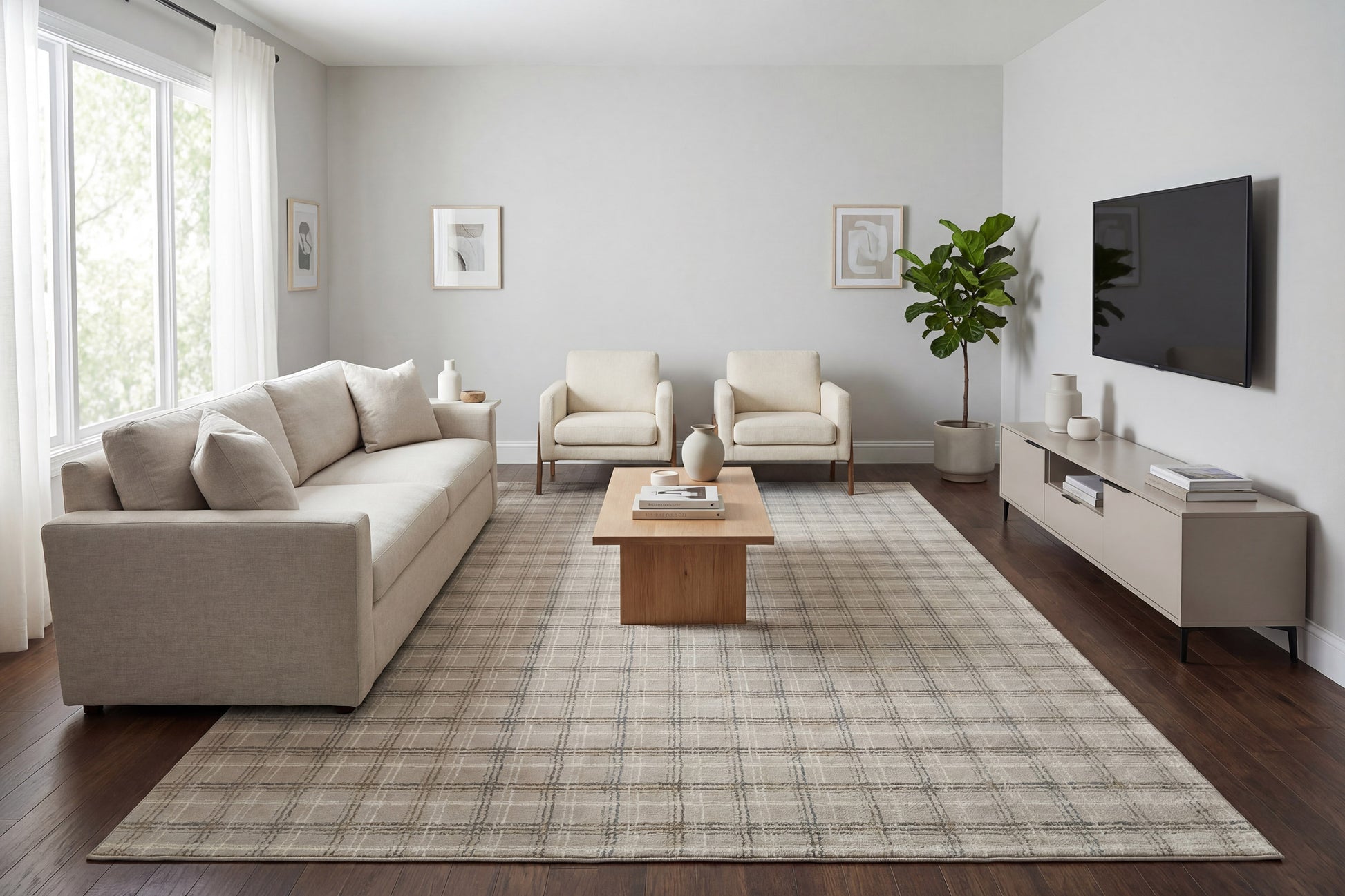 Harmony Contemporary Beige/Grey Plaid Medium Pile Rug