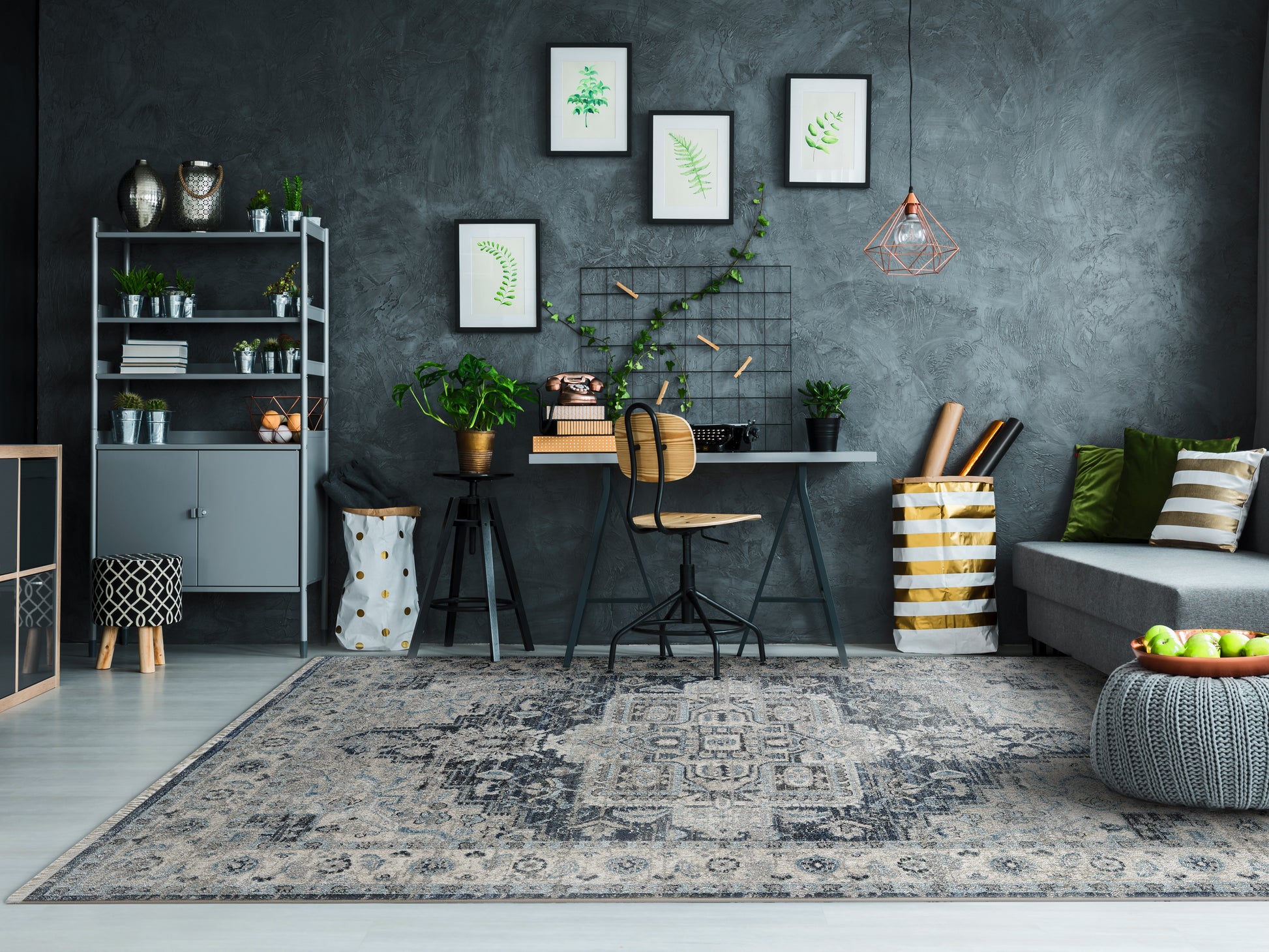 Juno Transitional Dark Blue/Cream Distressed Medium Pile Rug
