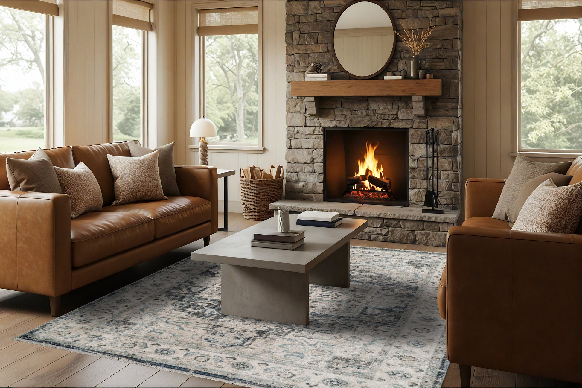 Juno Transitional Dark Blue/Cream Distressed Medium Pile Rug
