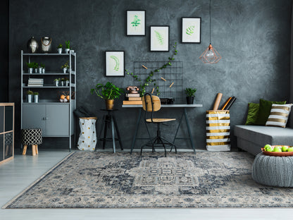 Juno Transitional Dark Blue/Cream Distressed Medium Pile Rug