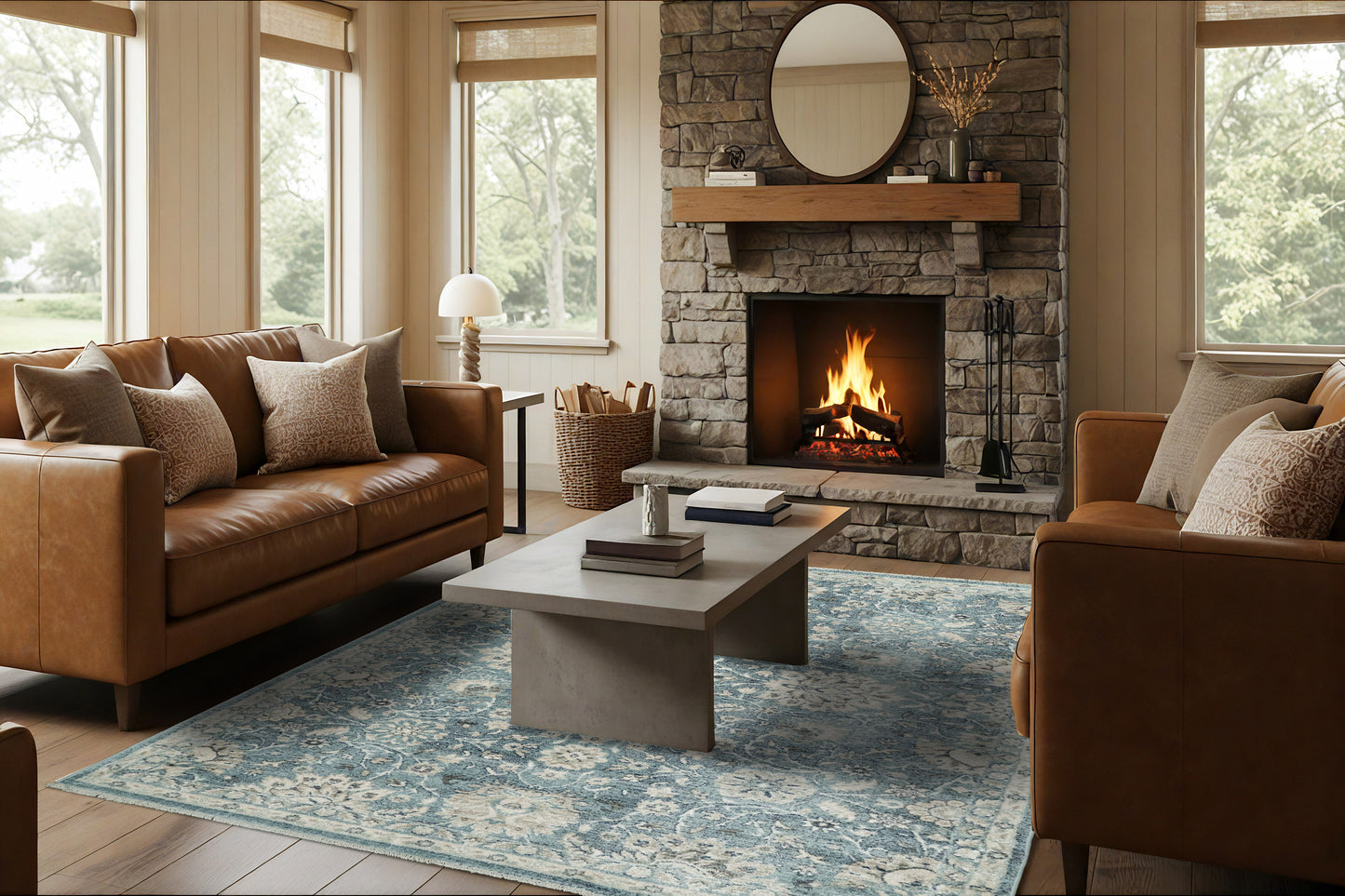 Juno Transitional Light Blue Floral Medium Pile Rug