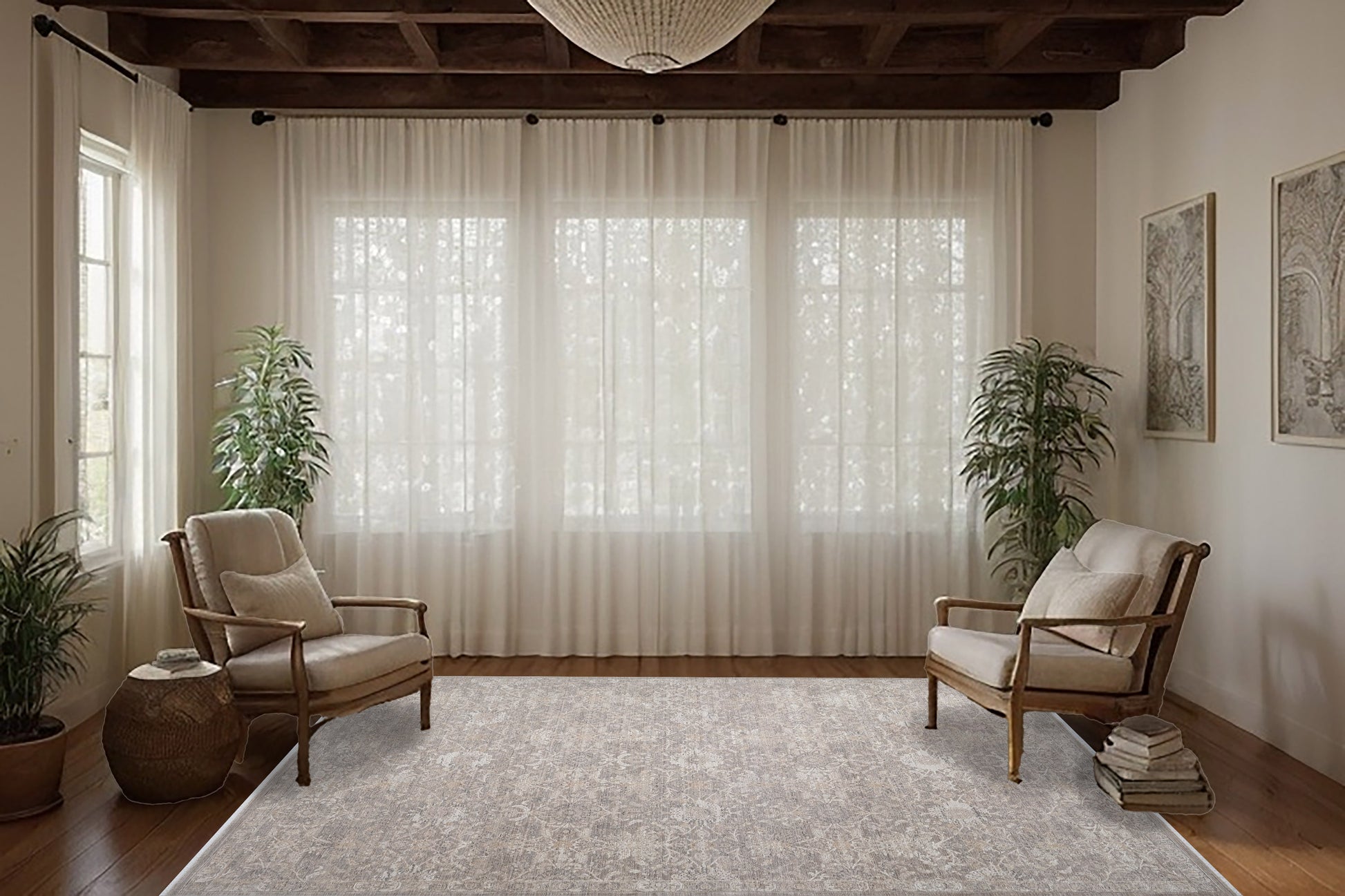 Lara Traditional Beige/Taupe Floral Low Pile Rug