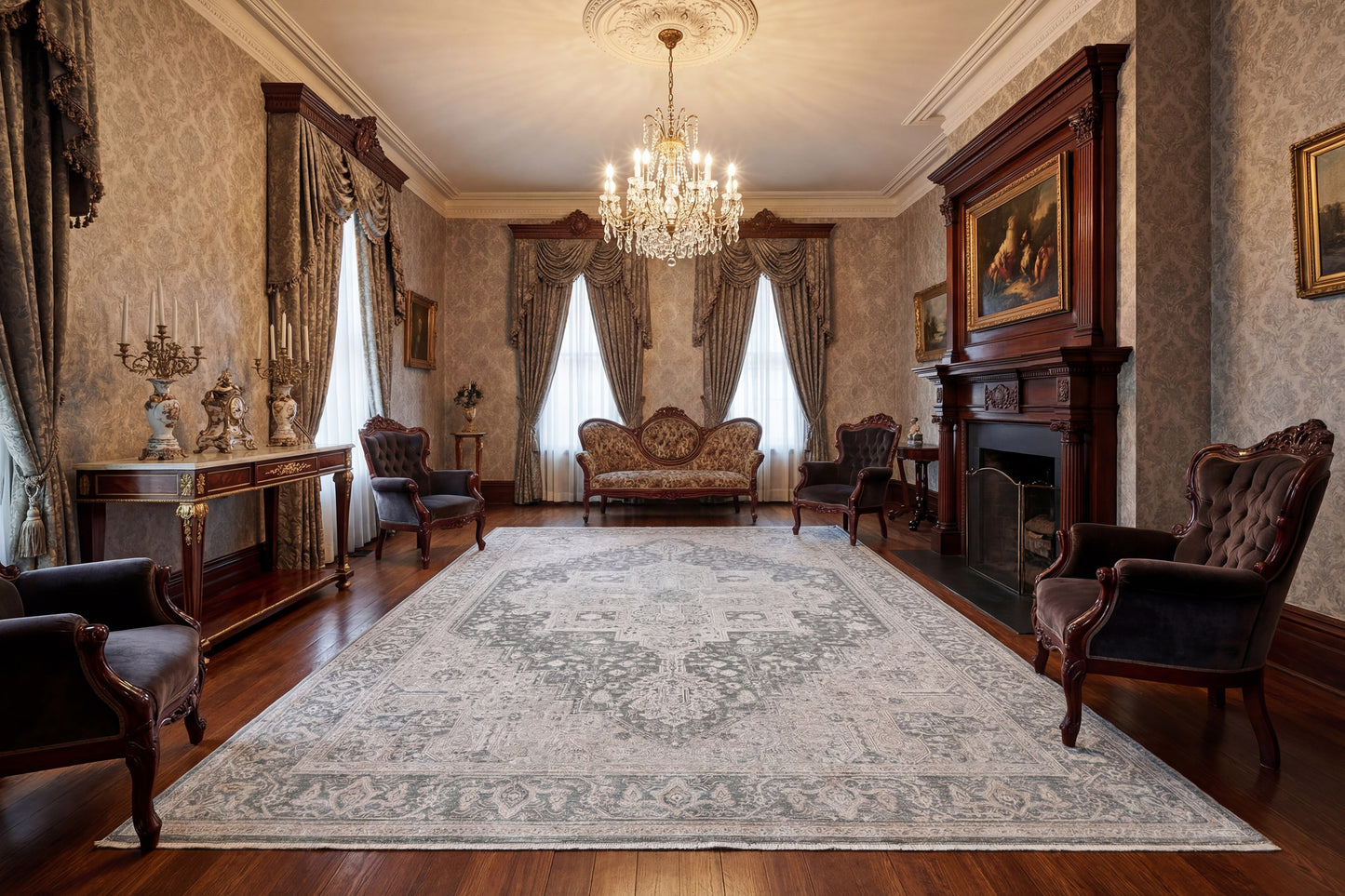 Lara Traditional Ivory/Grey Medallion Low Pile Rug