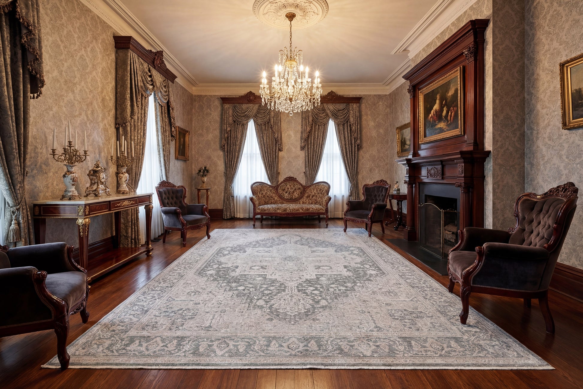 Lara Traditional Ivory/Grey Medallion Low Pile Rug