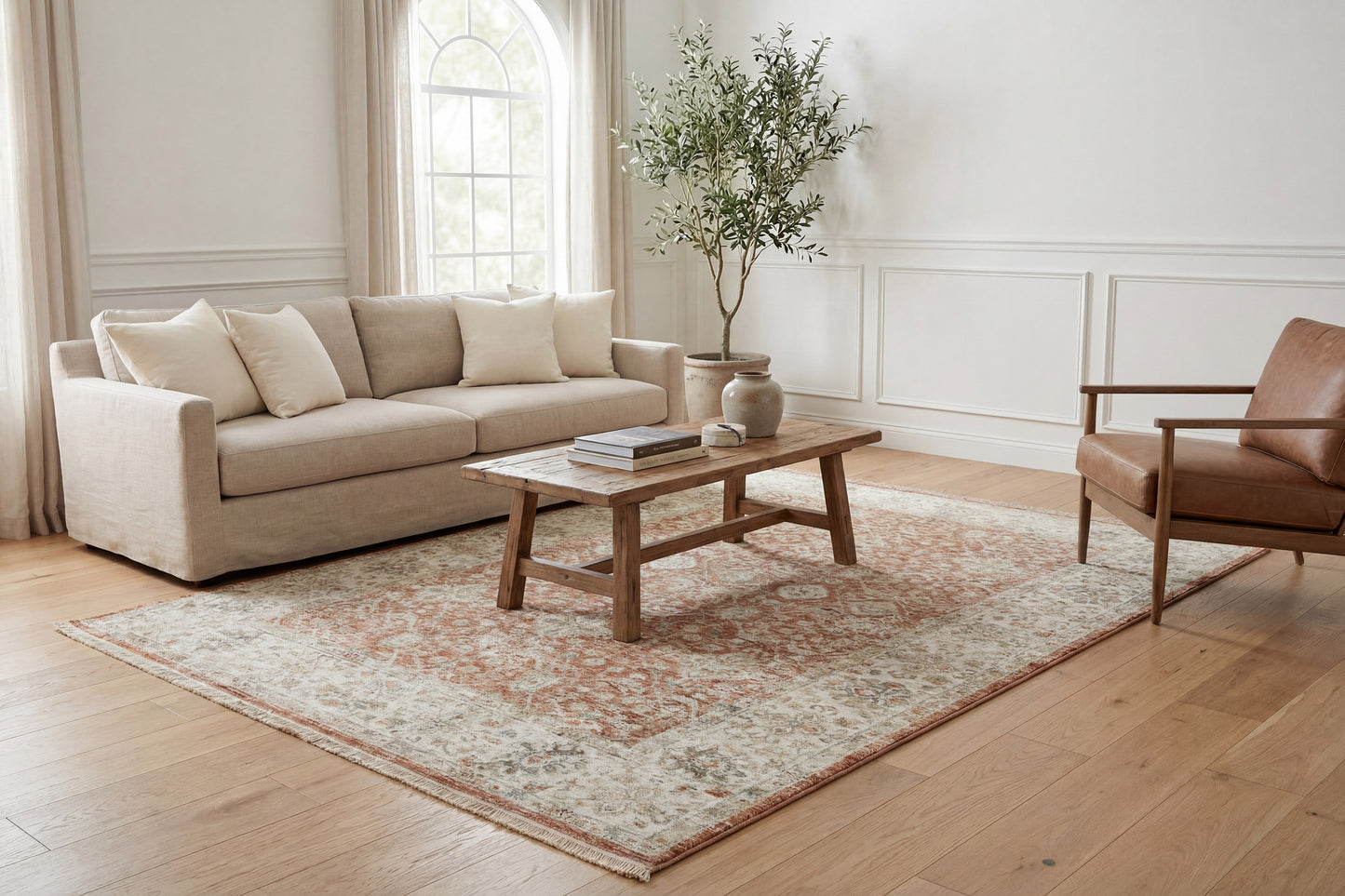 Luminous Traditional Rust/Cream Floral Medium Pile Rug