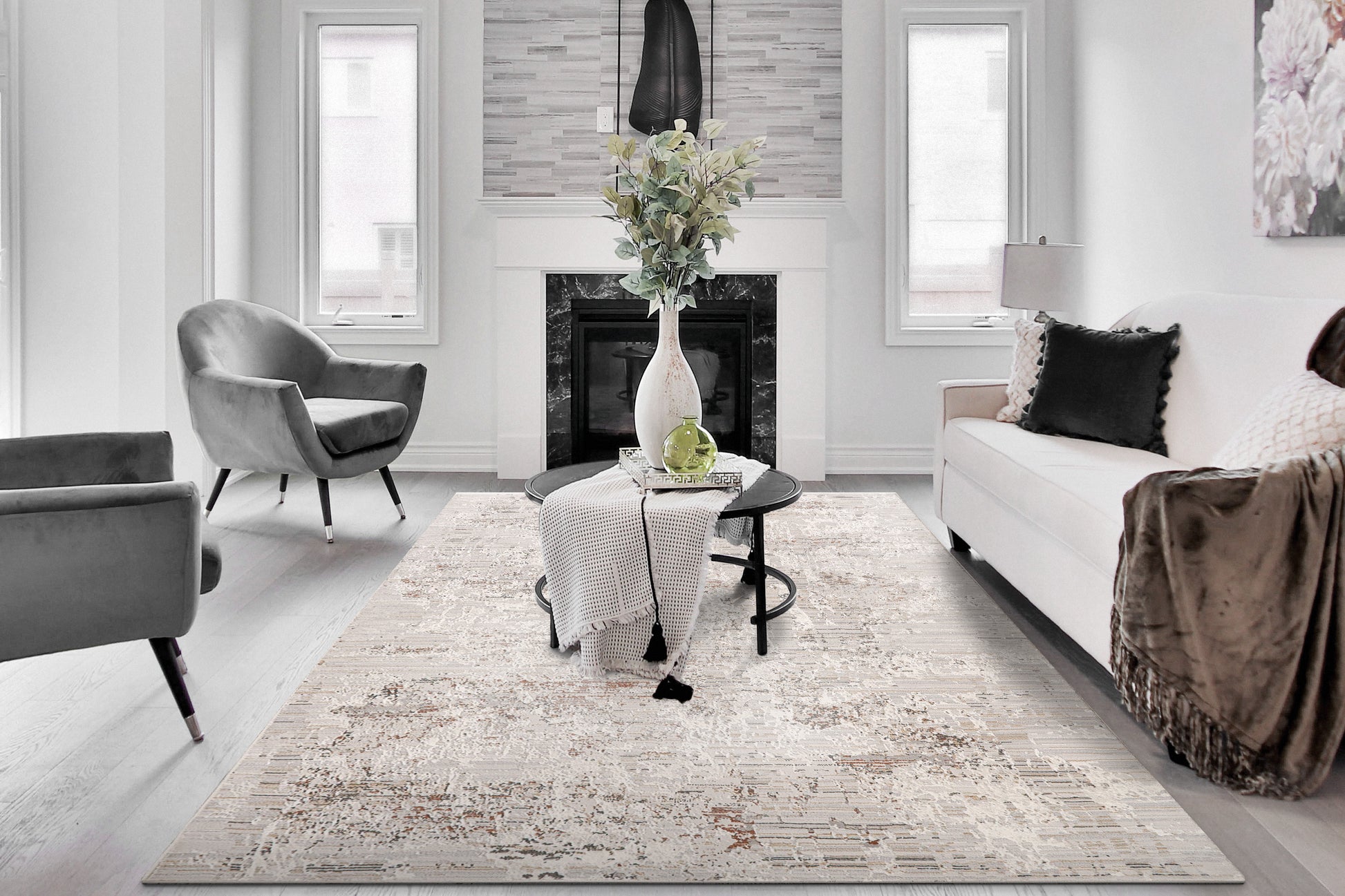 Marina Modern White/Rose Abstract Medium Pile Rug