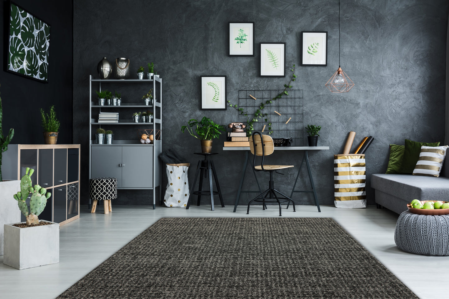 Mehari Contemporary Dark Grey/Ivory Geometric High Pile Rug