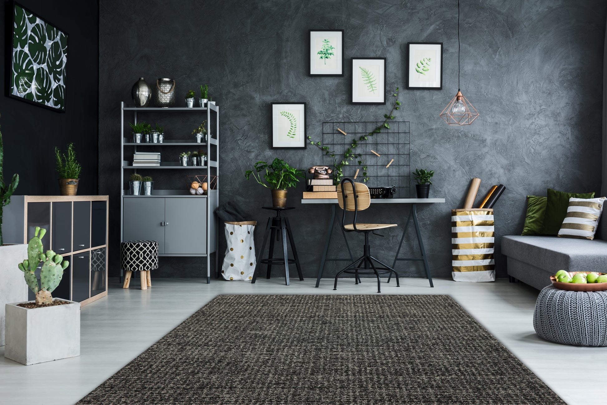 Mehari Contemporary Dark Grey/Ivory Geometric High Pile Rug