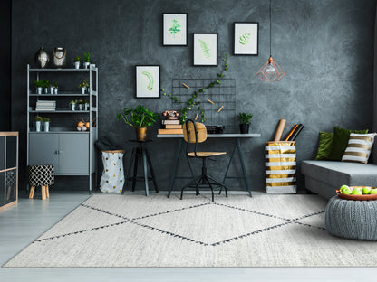 Mehari Contemporary Ivory/Grey Geometric High Pile Rug