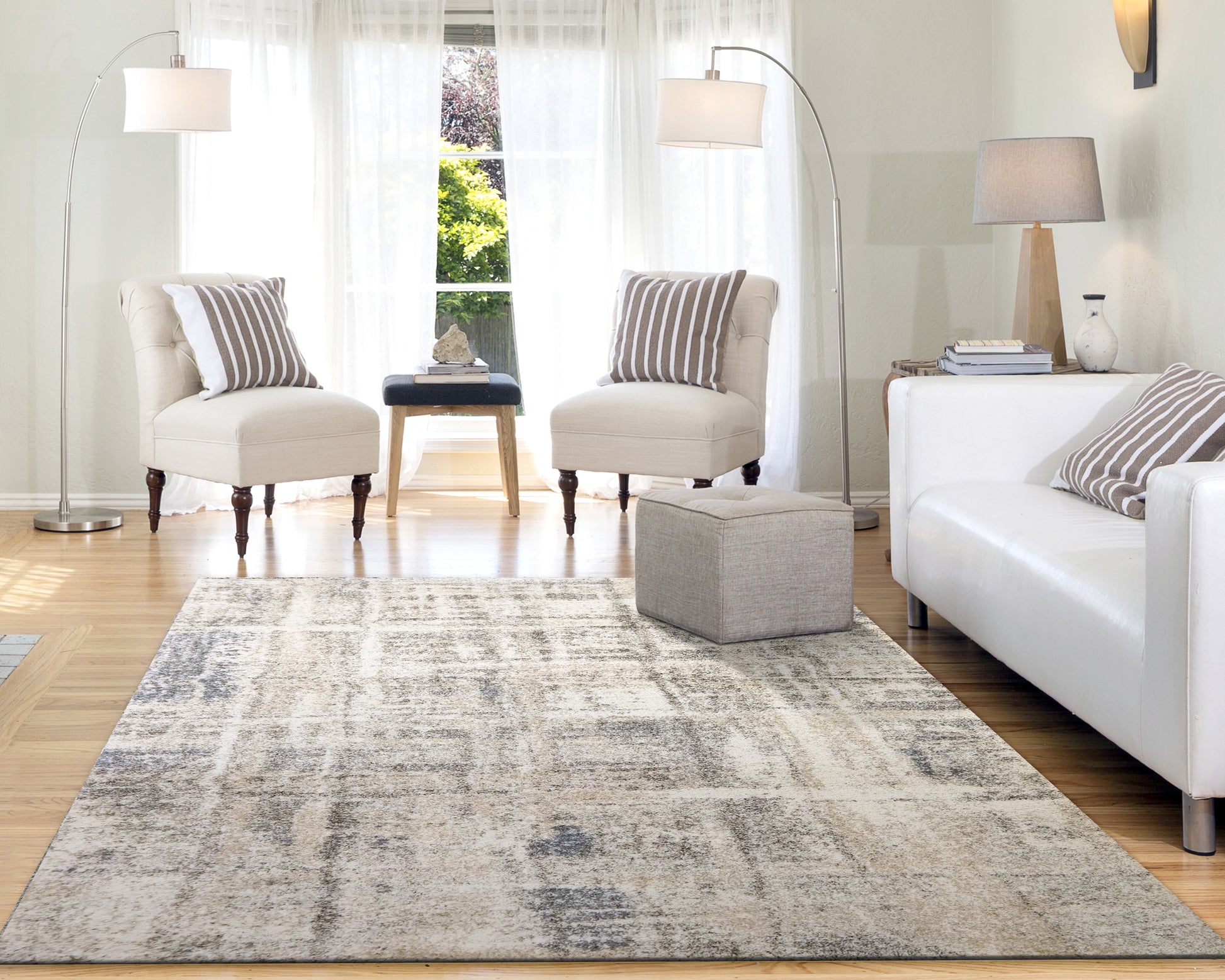 Mehari Contemporary Beige/Grey/Blue Abstract High Pile Rug