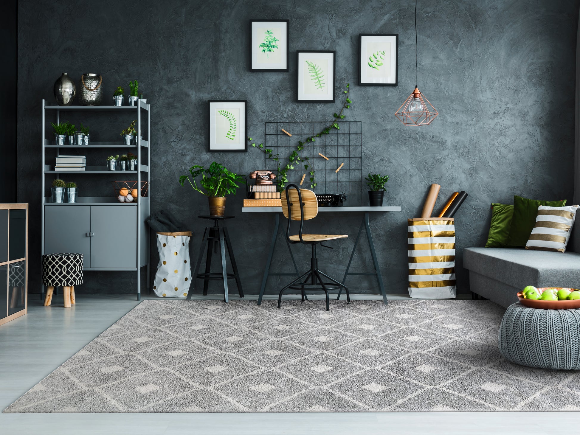 Mehari Contemporary Grey/Ivory Geometric High Pile Rug