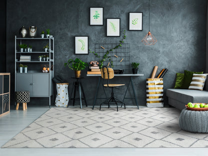 Mehari Contemporary Ivory/Grey Geometric High Pile Rug