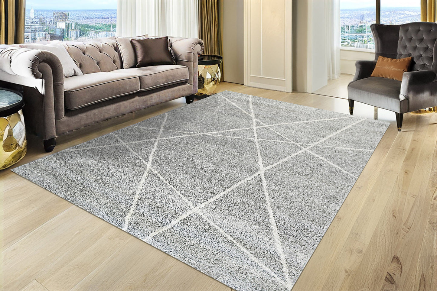 Mehari Contemporary Grey/Ivory Geometric High Pile Rug
