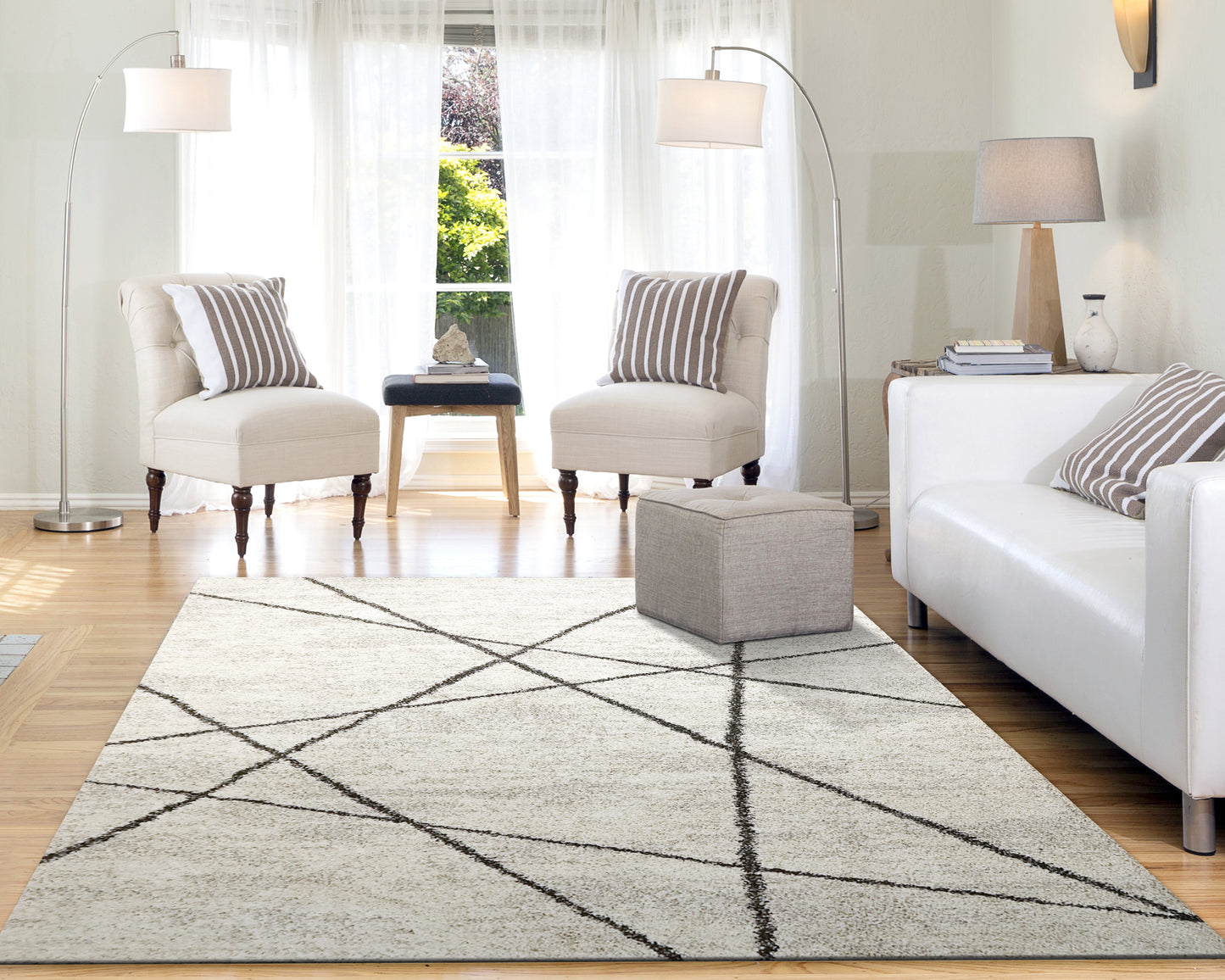 Mehari Contemporary Ivory/Charcoal Geometric High Pile Rug