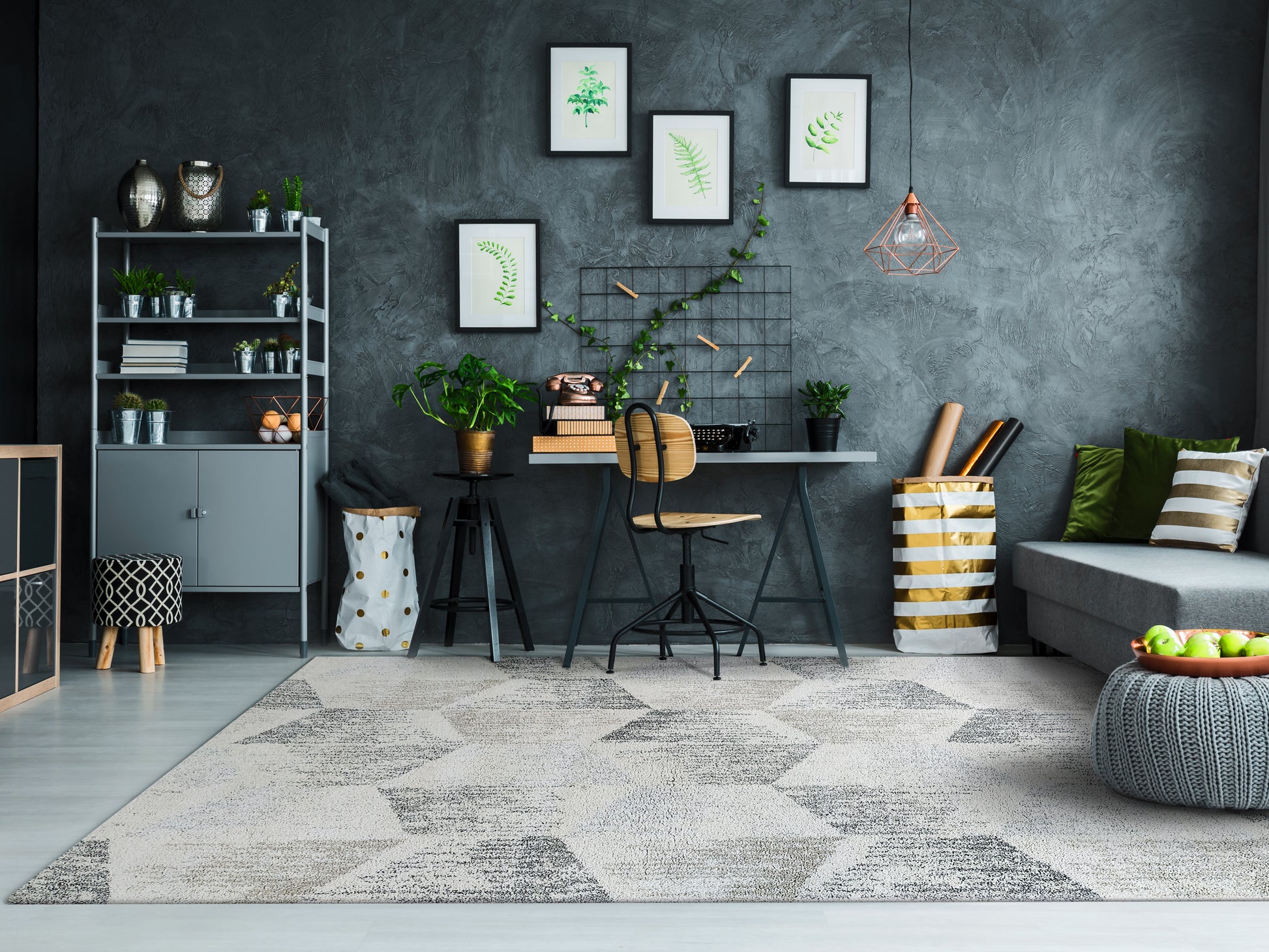 Mehari Contemporary Ivory/Grey/Taupe Geometric High Pile Rug
