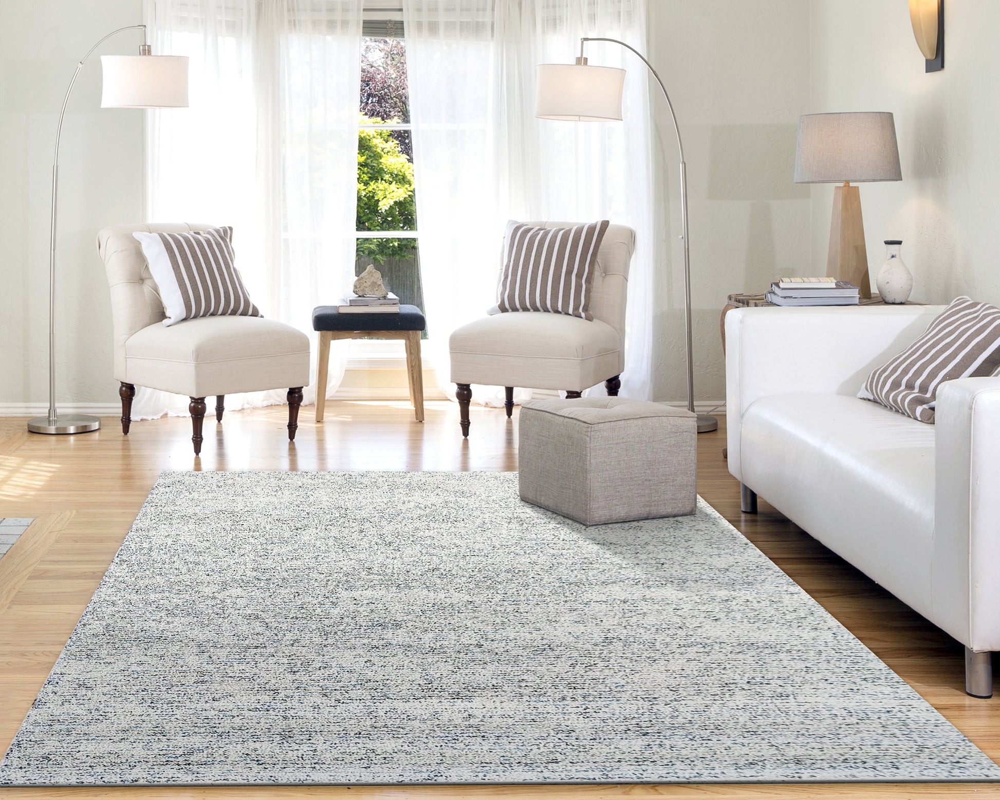 Mehari Contemporary Ivory/Grey/Blue Geometric High Pile Rug