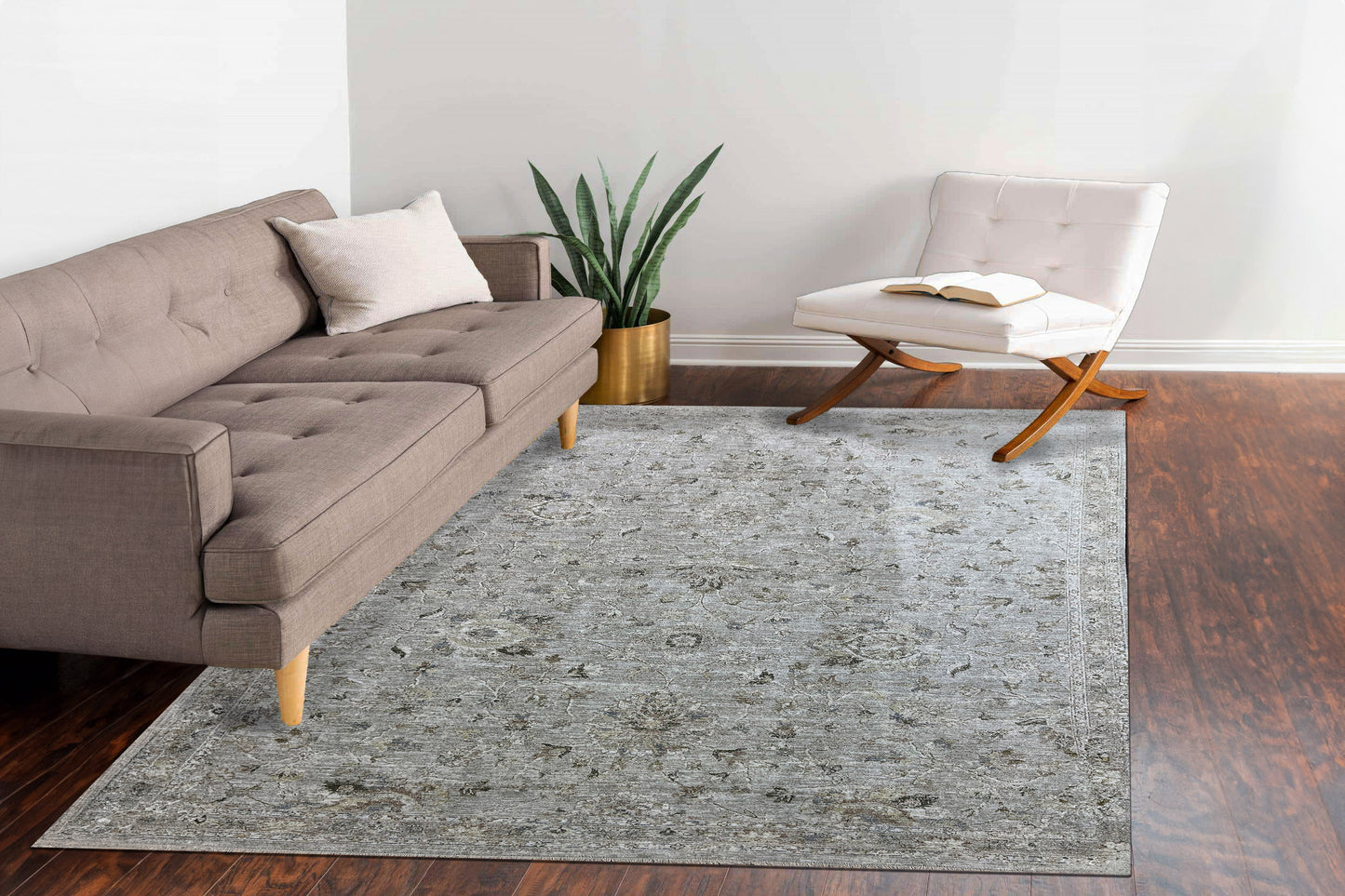 Milano Transitional Grey/Light Grey/Beige Floral Medium Pile Rug