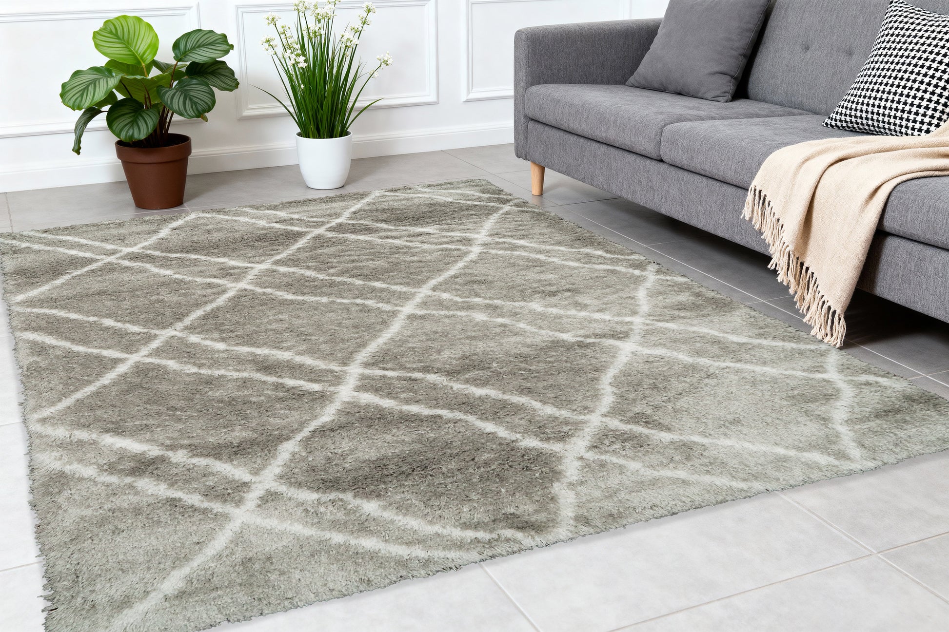 Nordic Contemporary Silver/White Aztec High Pile Rug
