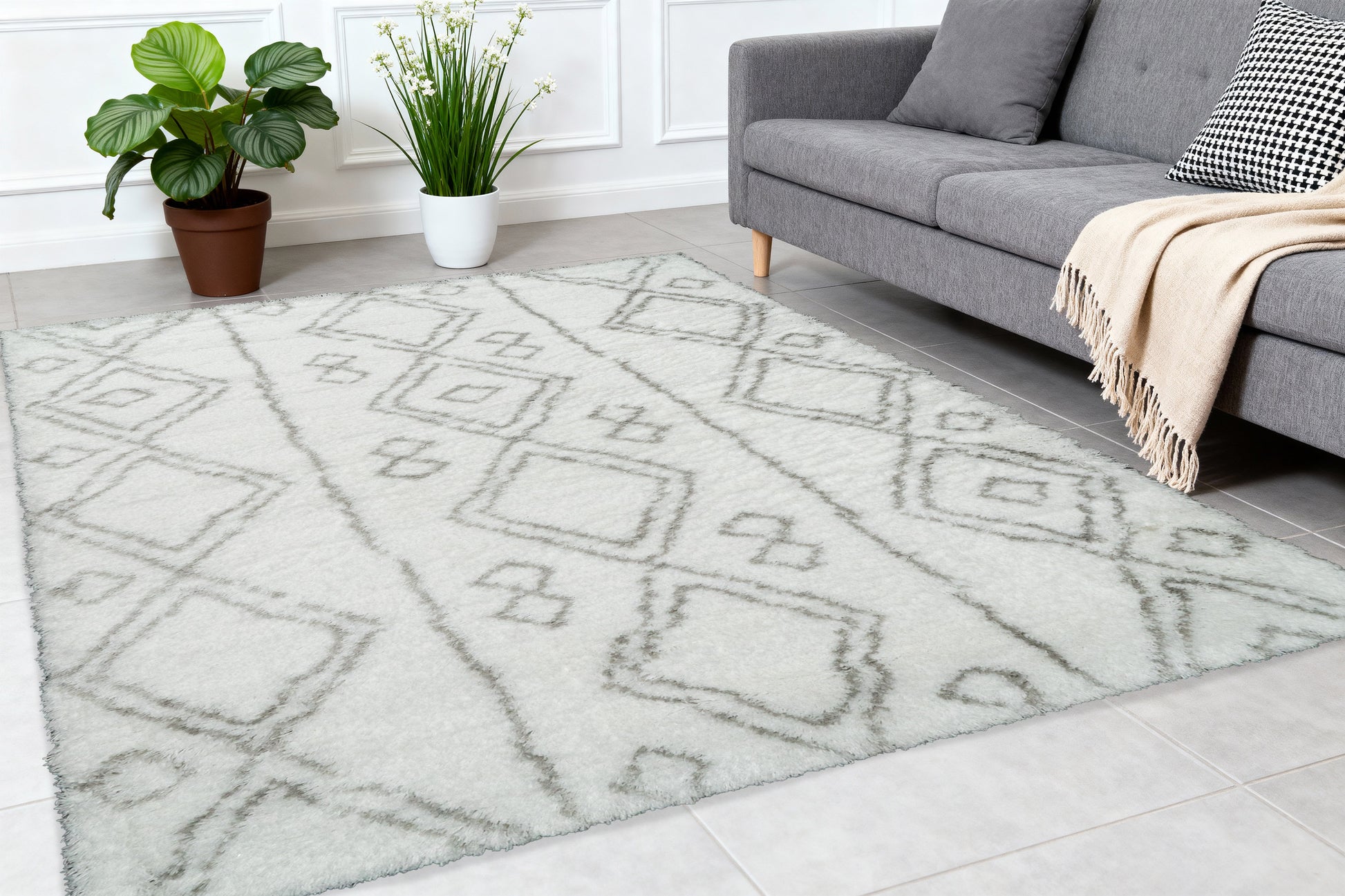 Nordic Contemporary White/Silver Aztec High Pile Rug