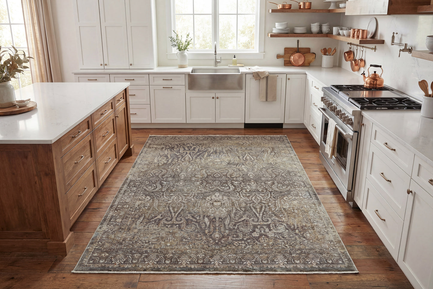 Pandora Transitional Brown/Beige/White Damask Low Pile Rug