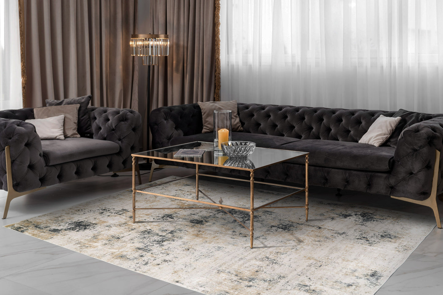 Quartz Traditional Beige/Grey Distressed Medium Pile Rug