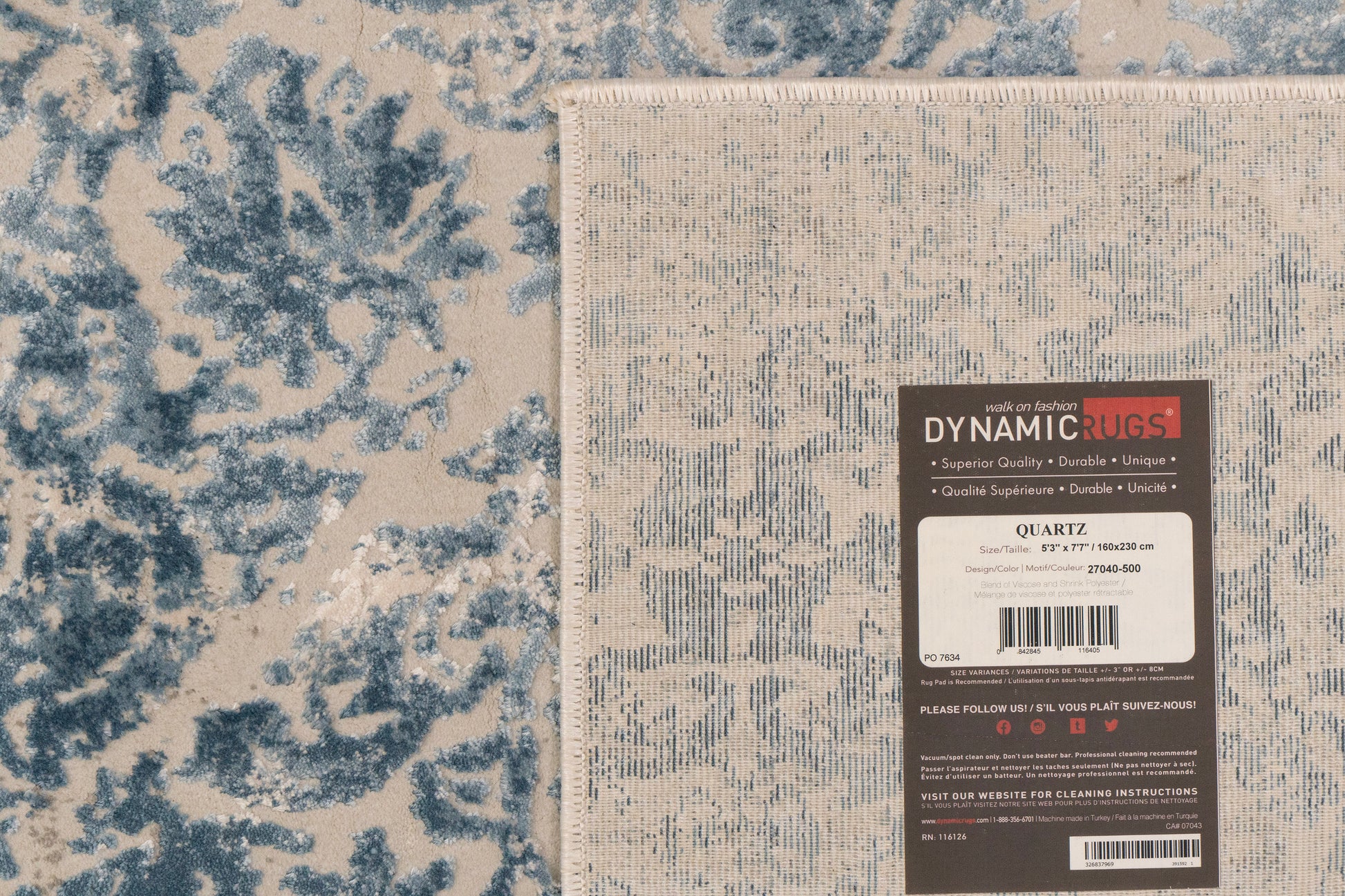 Quartz Traditional Ivory/Blue Distressed Medium Pile Rug