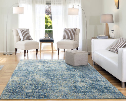 Quartz Traditional Ivory/Blue Distressed Medium Pile Rug