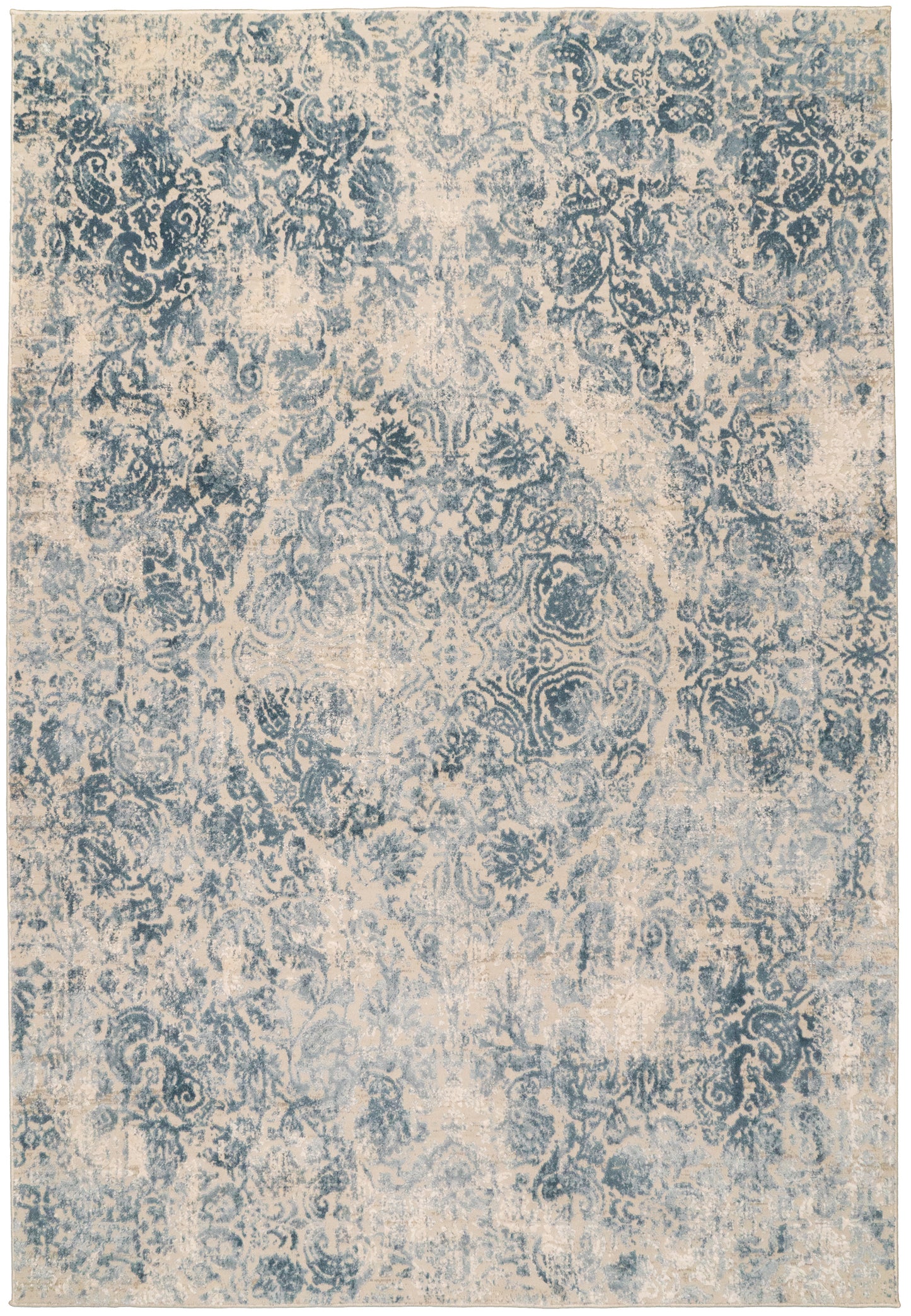 Quartz Traditional Ivory/Blue Distressed Medium Pile Rug