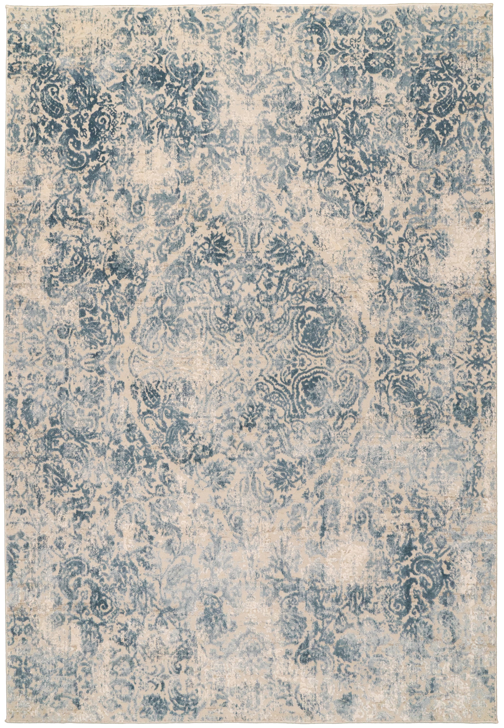 Quartz Traditional Ivory/Blue Distressed Medium Pile Rug