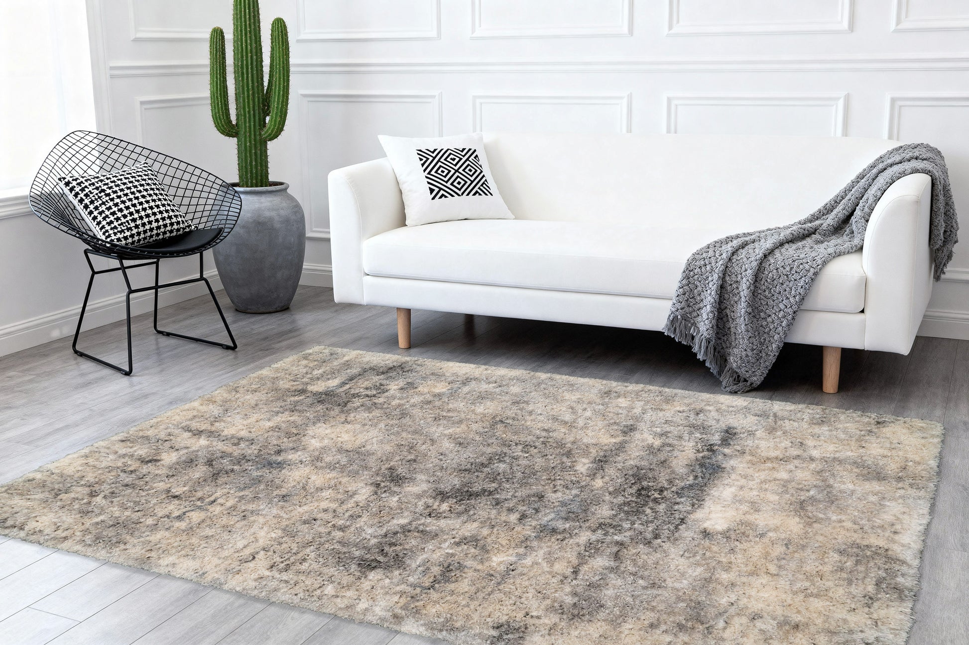 Reverie Contemporary Cream/Grey Geometric High Pile Rug