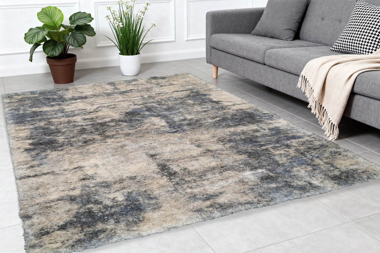 Reverie Contemporary Cream/Grey Geometric High Pile Rug