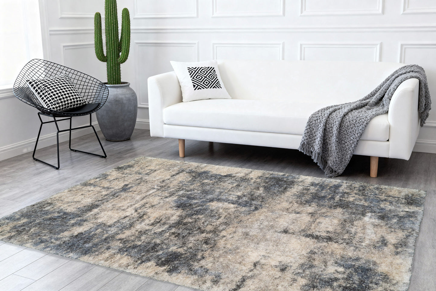 Reverie Contemporary Cream/Grey Geometric High Pile Rug