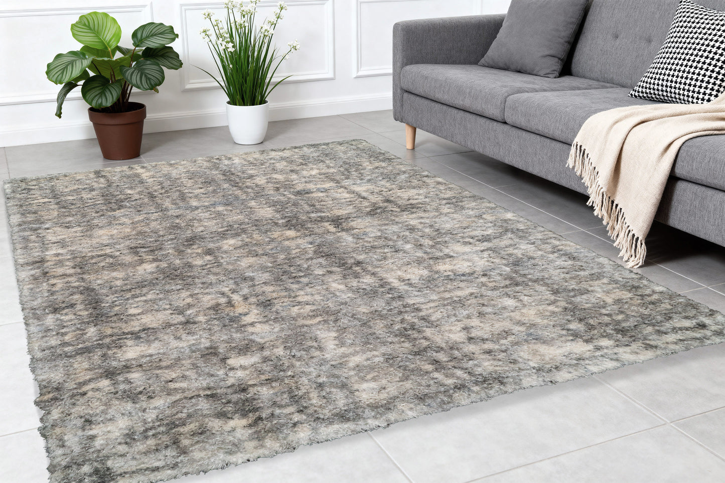 Reverie Contemporary Cream/Grey Geometric High Pile Rug