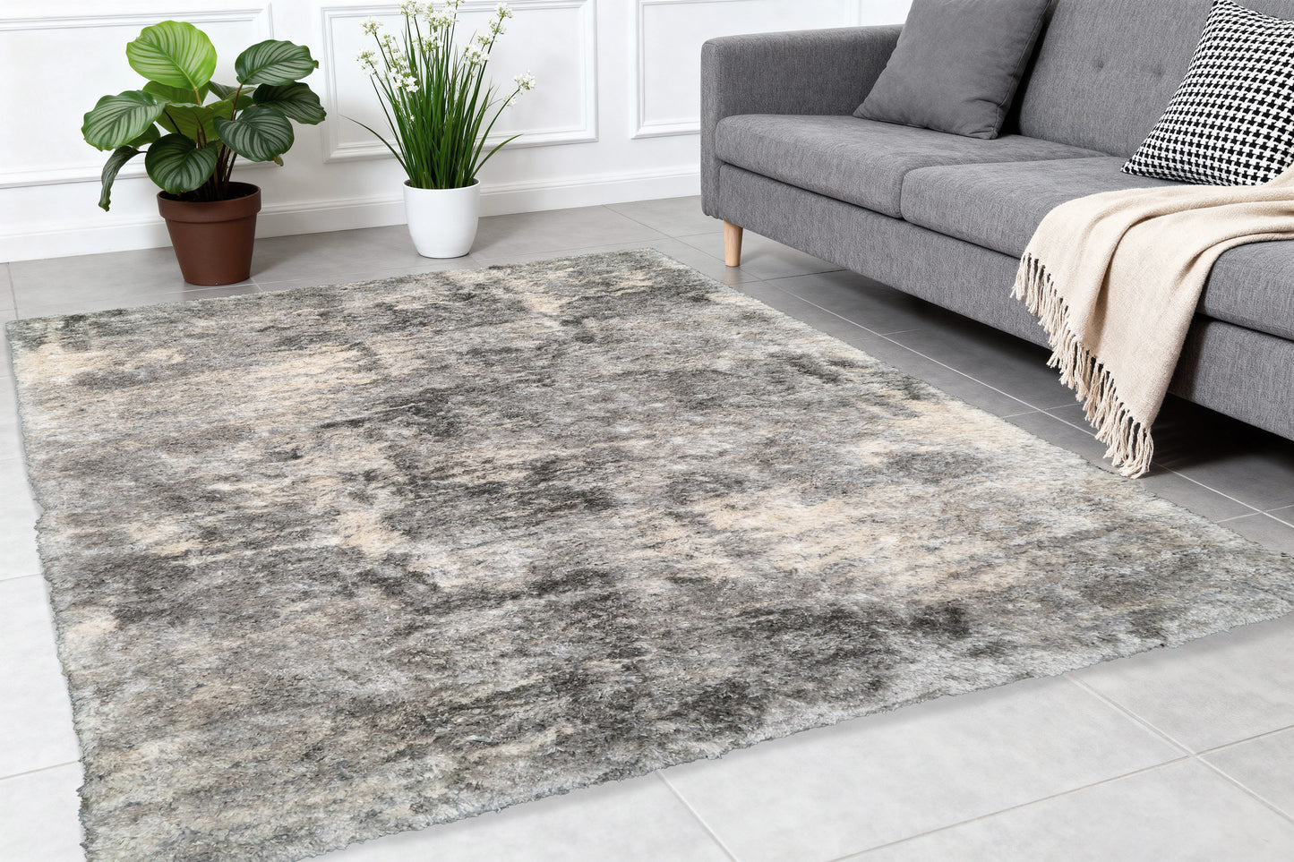 Reverie Contemporary Cream/Grey Geometric High Pile Rug