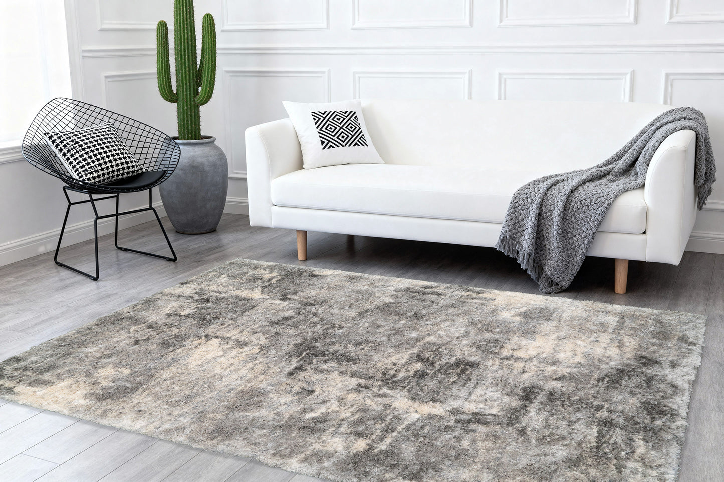Reverie Contemporary Cream/Grey Geometric High Pile Rug