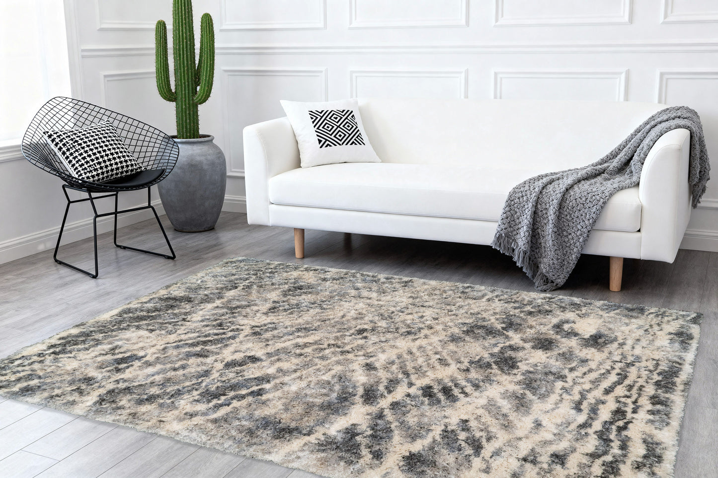 Reverie Contemporary Cream/Grey Geometric High Pile Rug