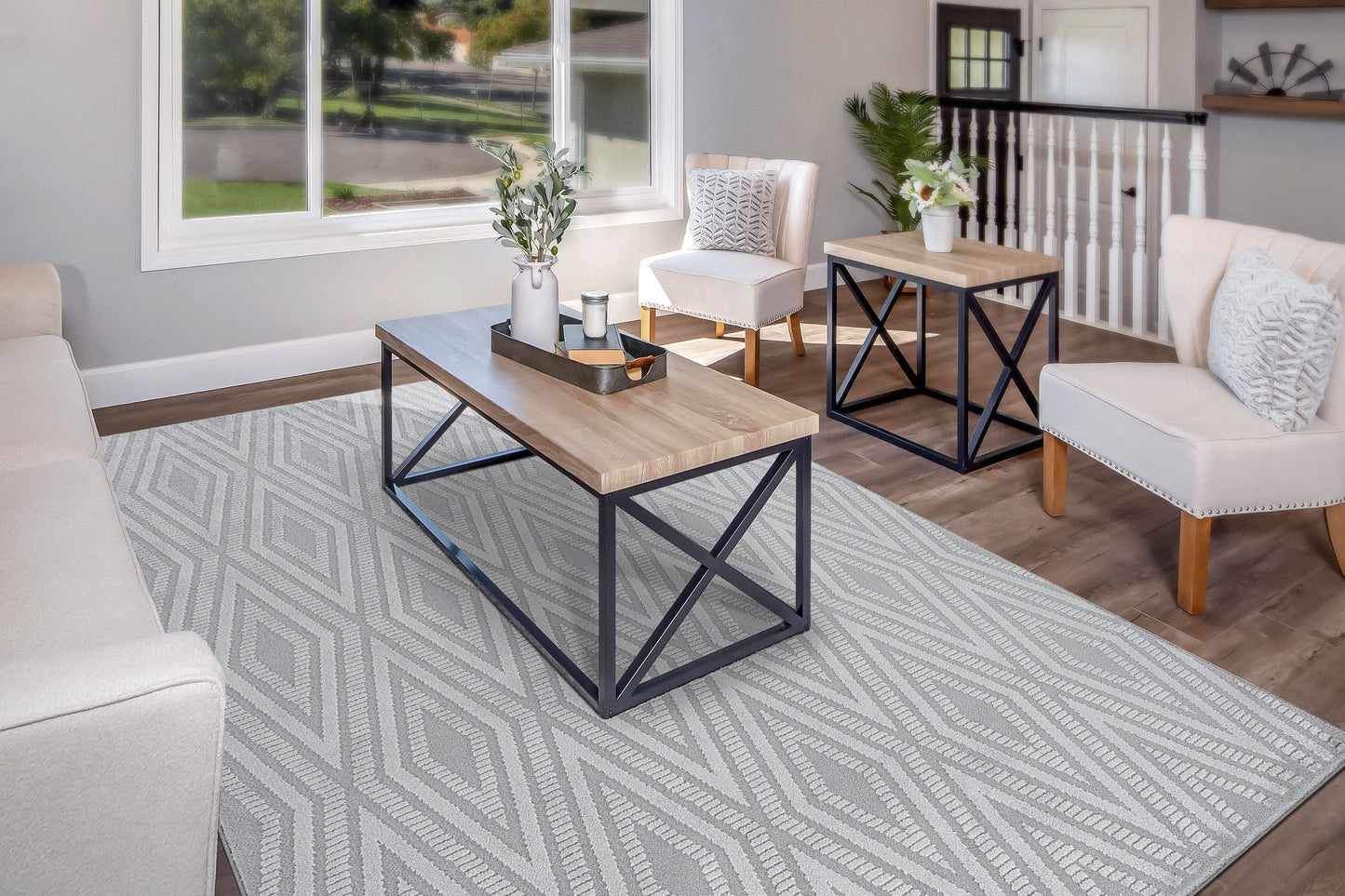 Timeless Modern Grey/Light Grey Geometric Medium Pile Rug
