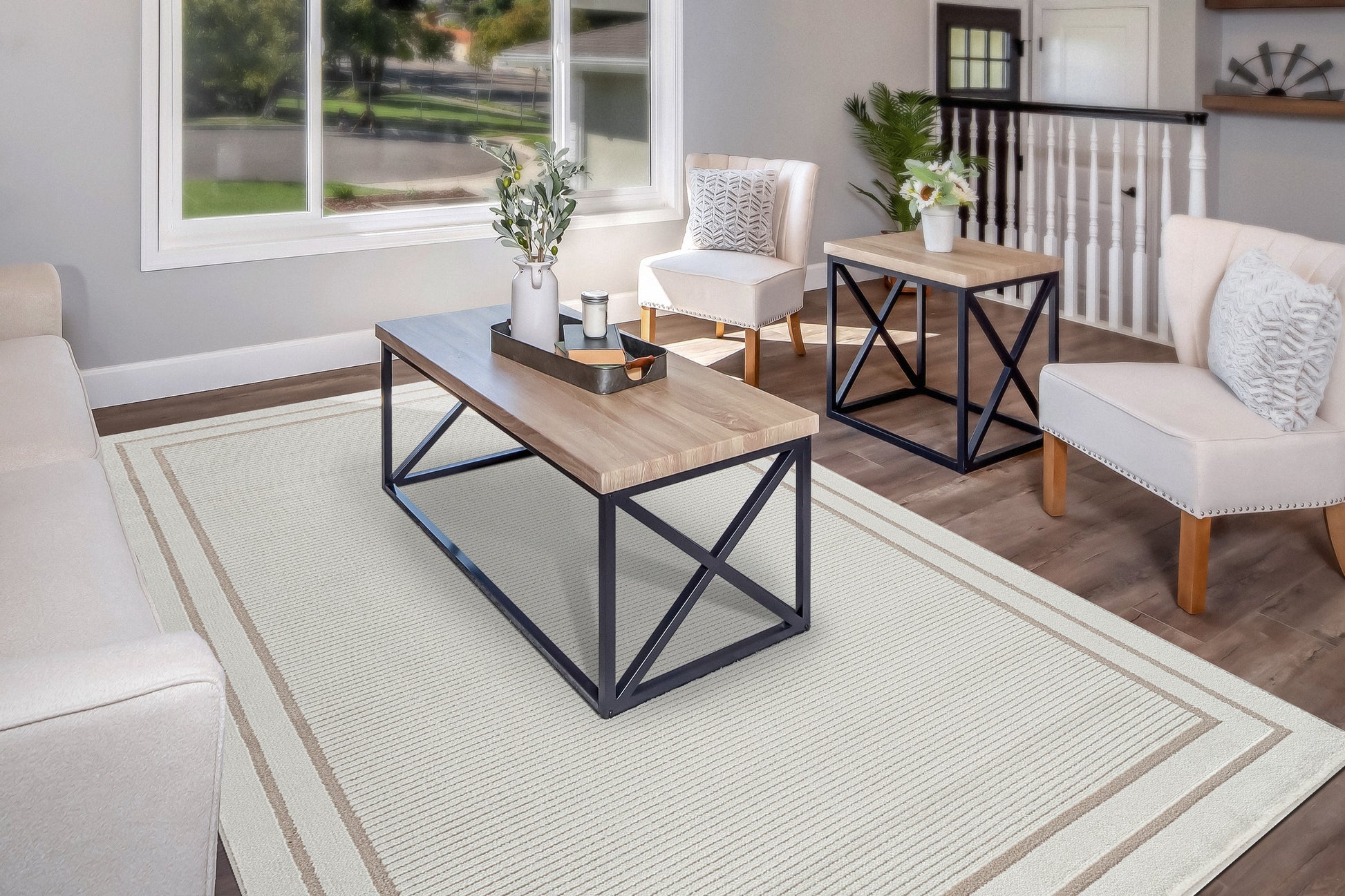 Timeless Modern Beige Bordered Medium Pile Rug