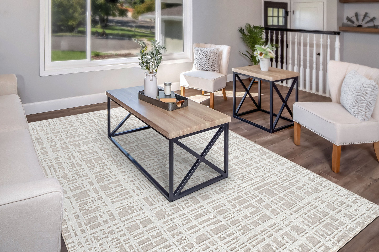 Timeless Modern Beige/Ivory Abstract Medium Pile Rug