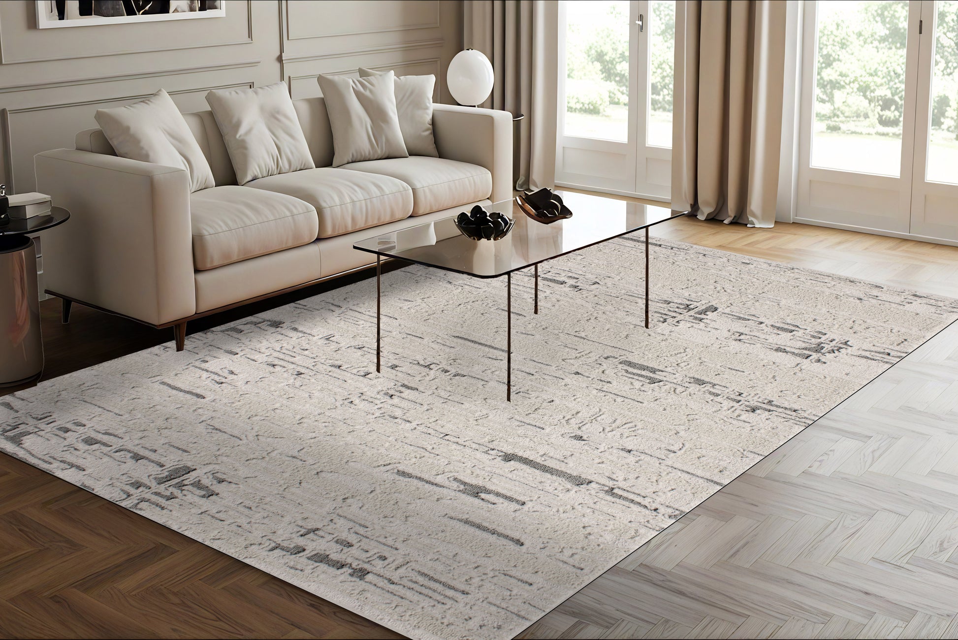 Trono Modern Ivory/Silver Abstract High-Low Rug