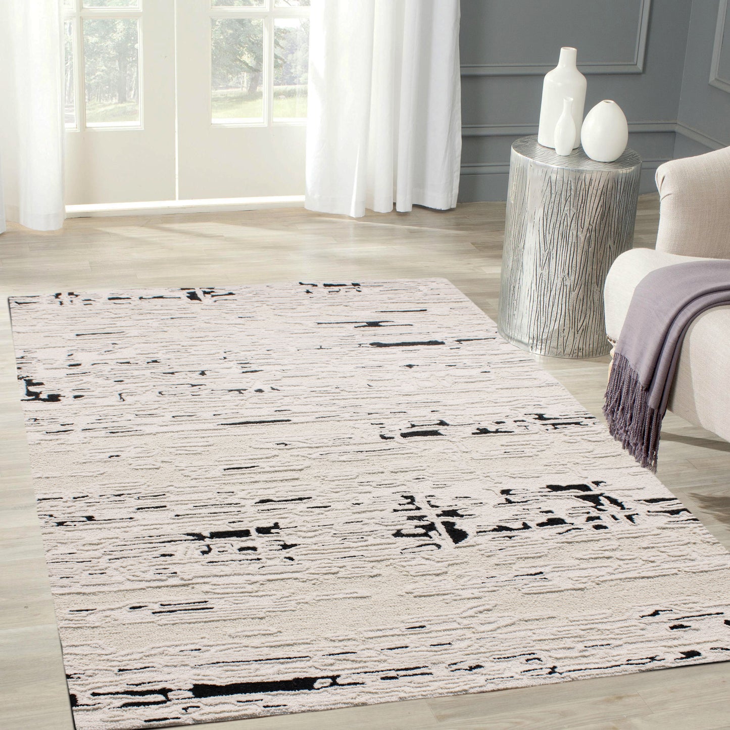 Trono Modern Black/White Abstract High-Low Rug
