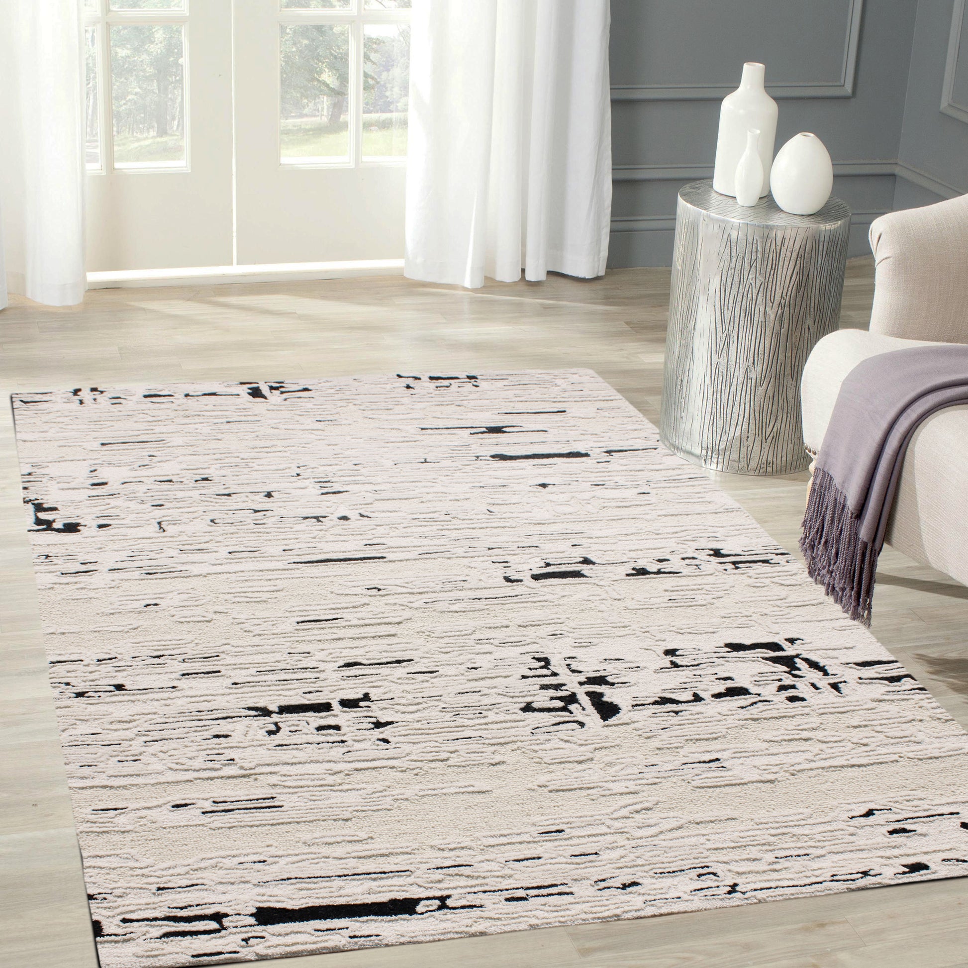 Trono Modern Black/White Abstract High-Low Rug