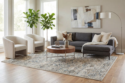 Venedik Traditional Cream/Blue Floral Medium Pile Rug