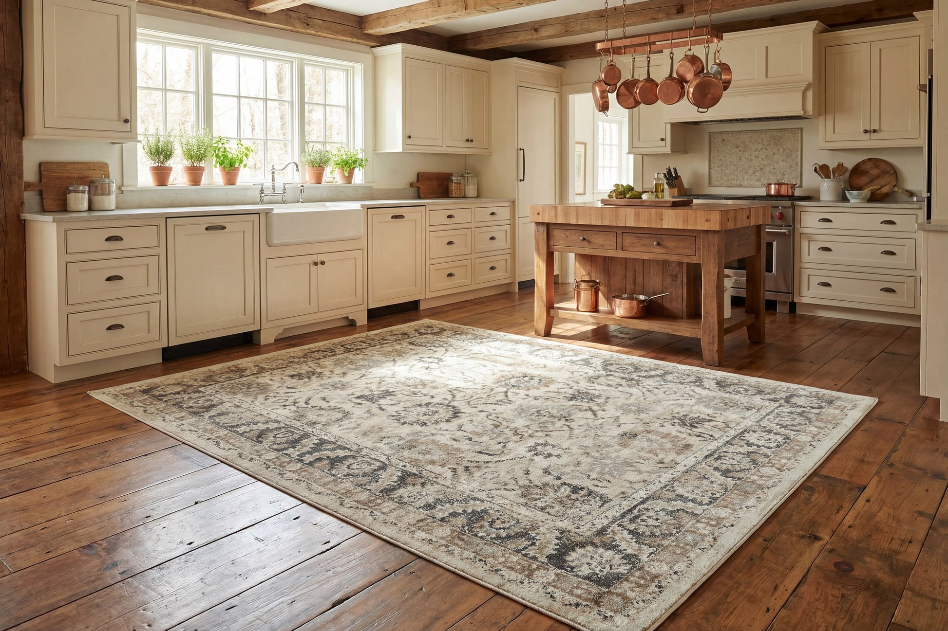 Venedik Traditional Cream/Grey Floral Medium Pile Rug