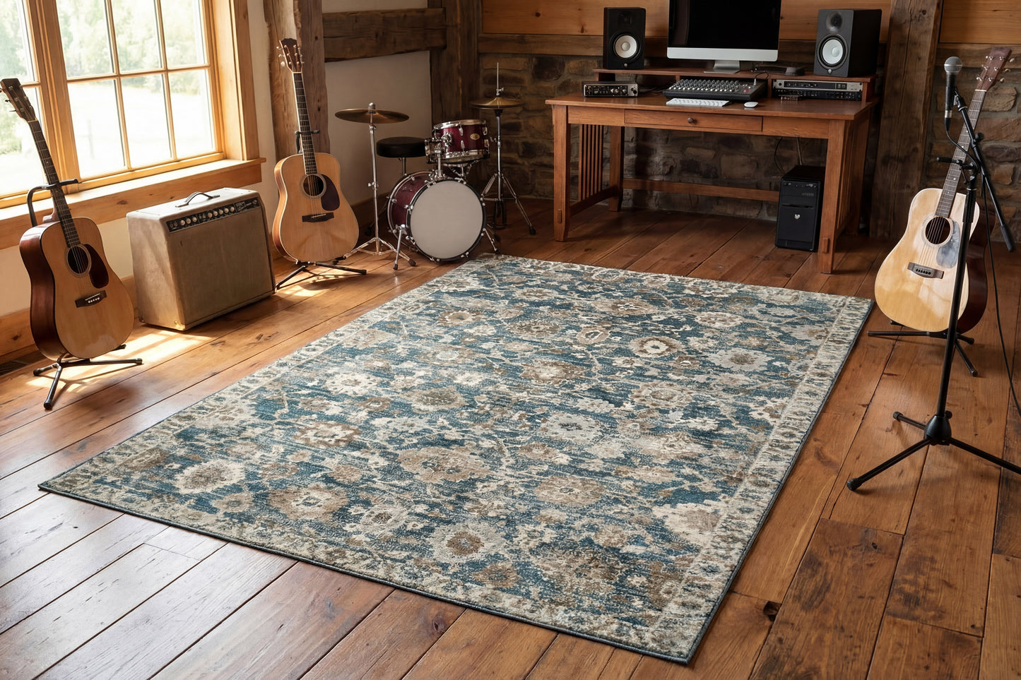 Venedik Transitional Blue/Cream/Beige Floral Medium Pile Rug