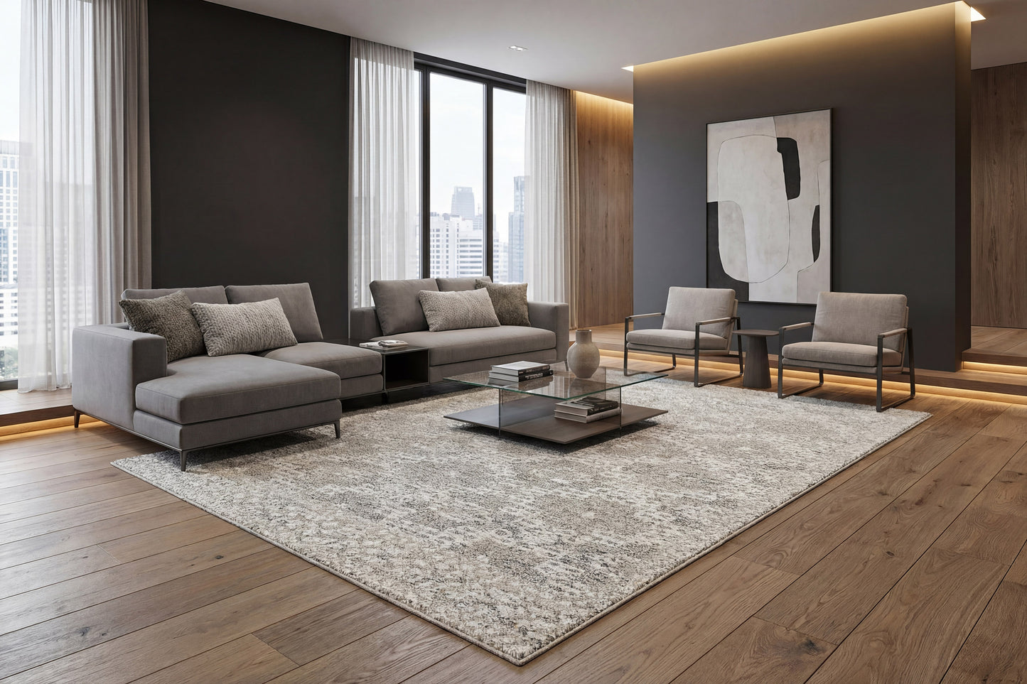 Vigo Modern Taupe/Ivory Floral Medium Pile Rug