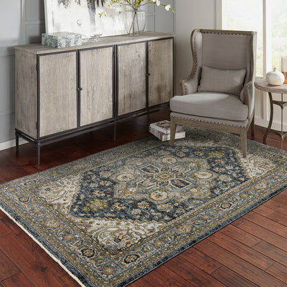 Aberdeen Medallion Blue/ Blue Oriental Cut Pile Rug