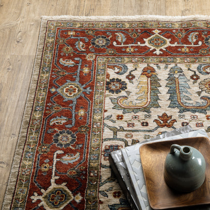 Aberdeen Floral Ivory/ Red Oriental Cut Pile Rug