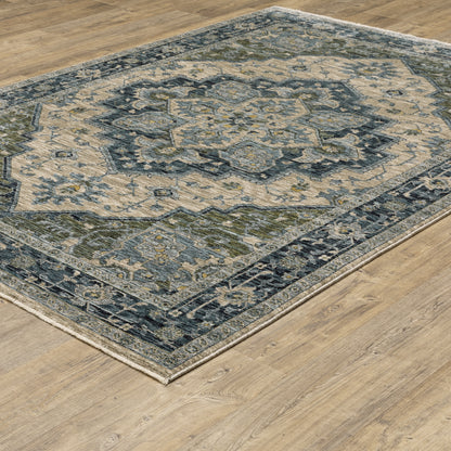 Aberdeen Medallion Blue/ Beige Oriental Cut Pile Rug